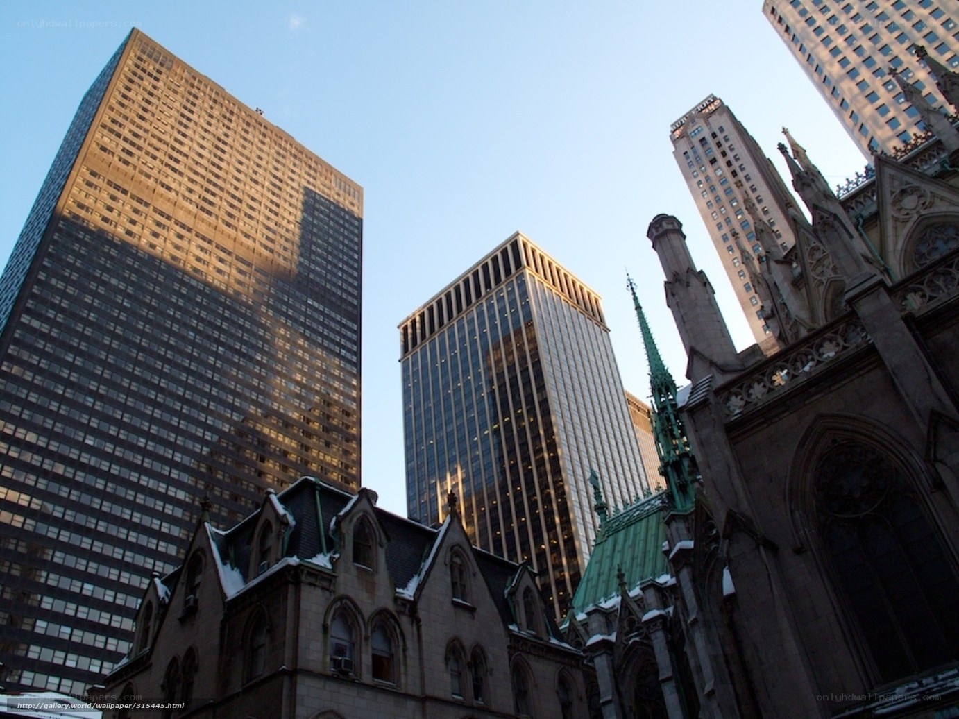 skyscrapers and cathedral in city