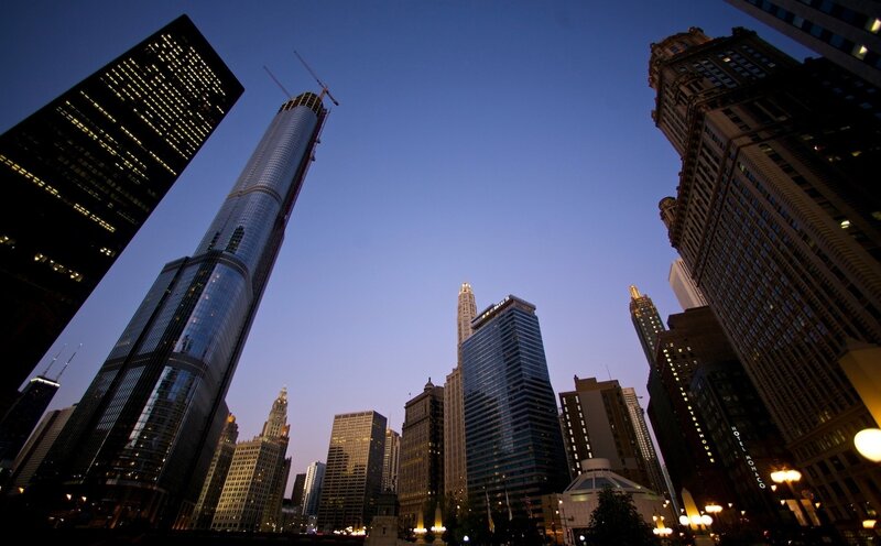 Skyscrapers at Dusk — Blue, Dramatic, Night, Photograph, Buildings