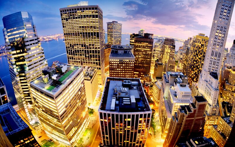 Skyscrapers at Dusk — Blue, Dramatic, Sunset, Photograph, City