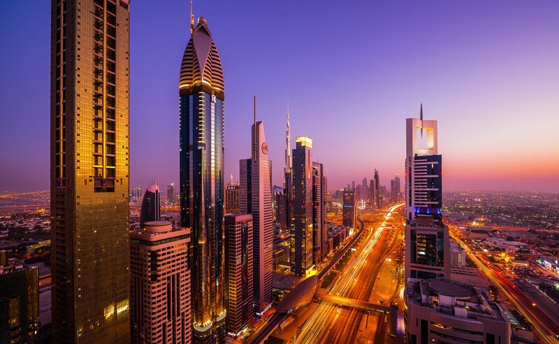 Skyscrapers at Dusk — Purple, Dramatic, Sunset, Photograph