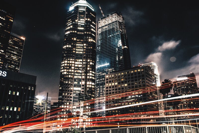Skyscrapers at Night — Black, Dramatic, Photograph, Buildings, Light Trails