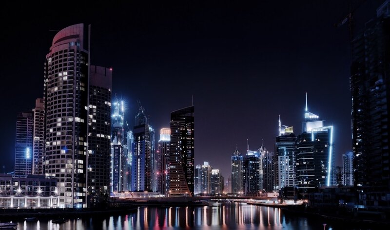 Skyscrapers at Night — Black, Dramatic, Photograph, Buildings