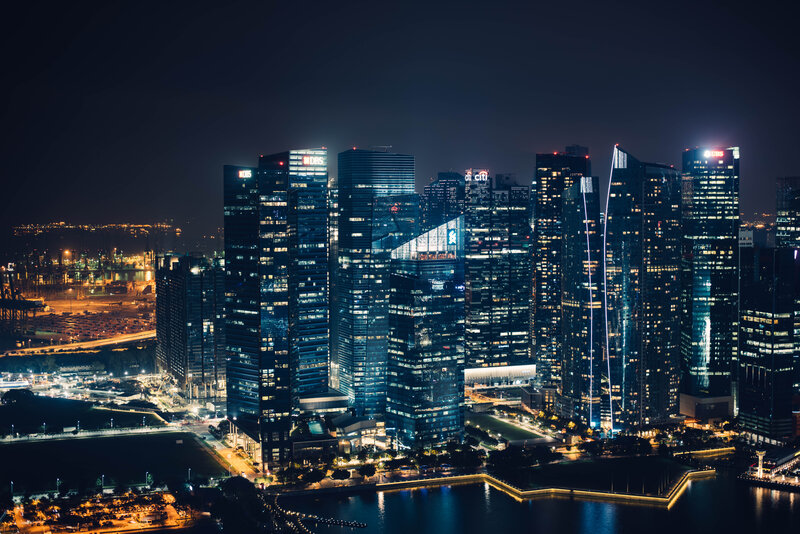 Skyscrapers at Night — Black, Dramatic, Photograph, City, River