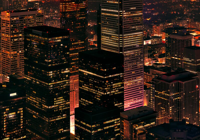Skyscrapers at Night — Black, Dramatic, Photograph, City