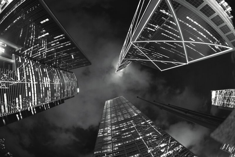 Skyscrapers at Night — Black, Dramatic, Photograph, Clouds