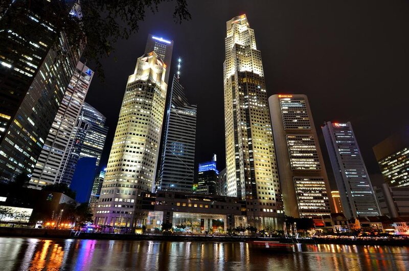 Skyscrapers at Night — Black, Dramatic, Photograph