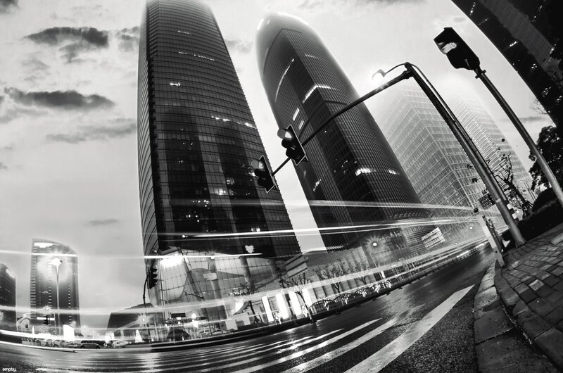 Skyscrapers at Night — Black, Dramatic, Photograph, Traffic Lights
