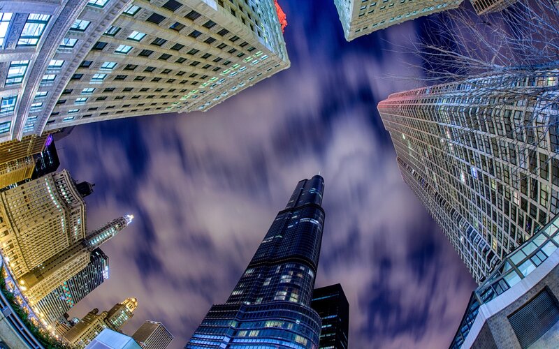 Skyscrapers at Night — Blue, Dramatic, Photograph, Buildings, Clouds
