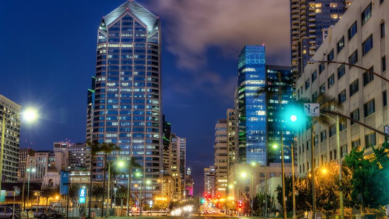 Skyscrapers at Night — Blue, Dramatic, Photograph, Buildings, Streetlights