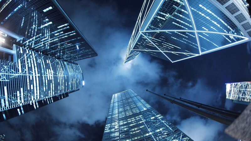 Skyscrapers at Night — Blue, Dramatic, Photograph, Clouds