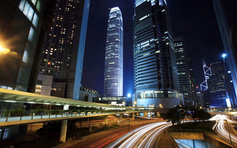 Skyscrapers at Night — Blue, Dramatic, Photograph, Highway
