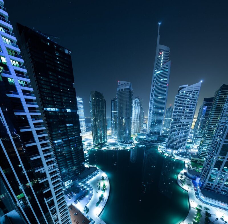 Skyscrapers at Night — Blue, Dramatic, Photograph, River