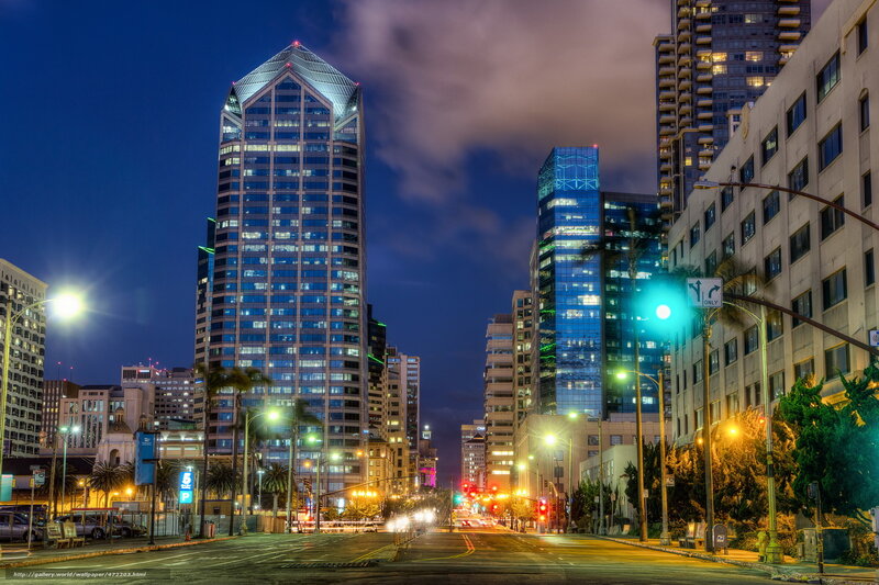 Skyscrapers at Night — Blue, Dramatic, Photograph, Streetlights