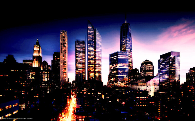 Skyscrapers at Night — Blue, Dramatic, Photograph