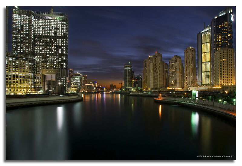 Skyscrapers at Night — Blue, Serene, Photograph, River
