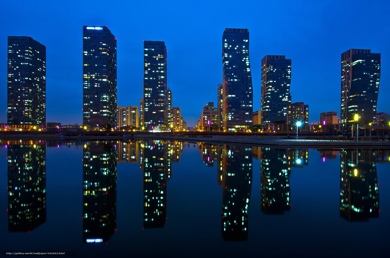 Skyscrapers at Night — Blue, Serene, Photograph