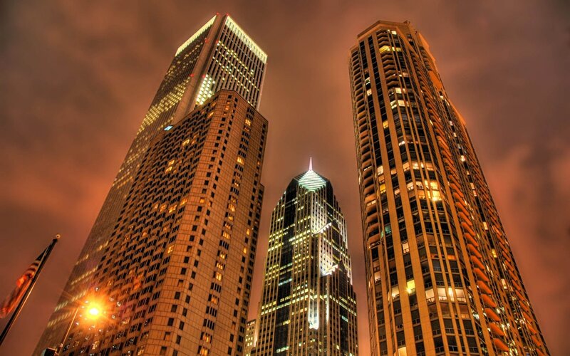 skyscrapers at night in city