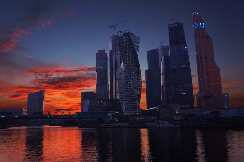 Skyscrapers at Sunset — Orange, Dramatic, Photograph