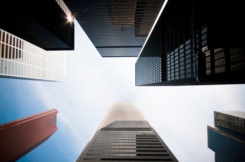 Skyscrapers from Below — Blue, Dramatic, Afternoon, Photograph, Sky, Buildings