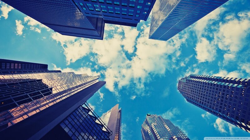 Skyscrapers from Below — Blue, Dramatic, Afternoon, Photograph, Sky, Clouds