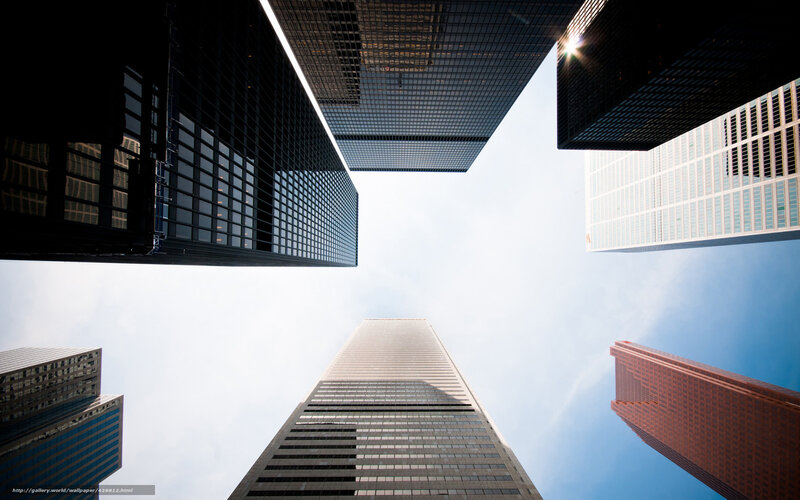Skyscrapers from Below — Blue, Dramatic, Afternoon, Photograph, Sky, Sun