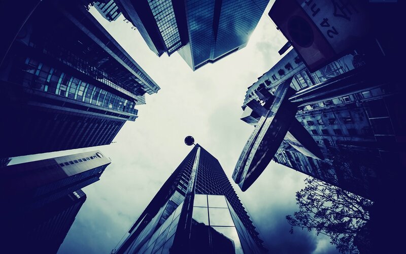 Skyscrapers from Below — Blue, Dramatic, Photograph