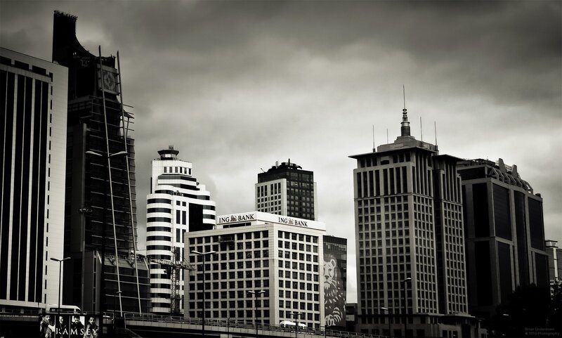 Skyscrapers in City — Black, Dramatic, Photograph, Buildings, Sky, Bridge