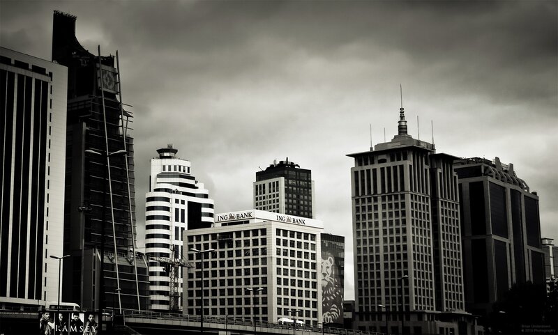 Skyscrapers in City — Black, Dramatic, Photograph