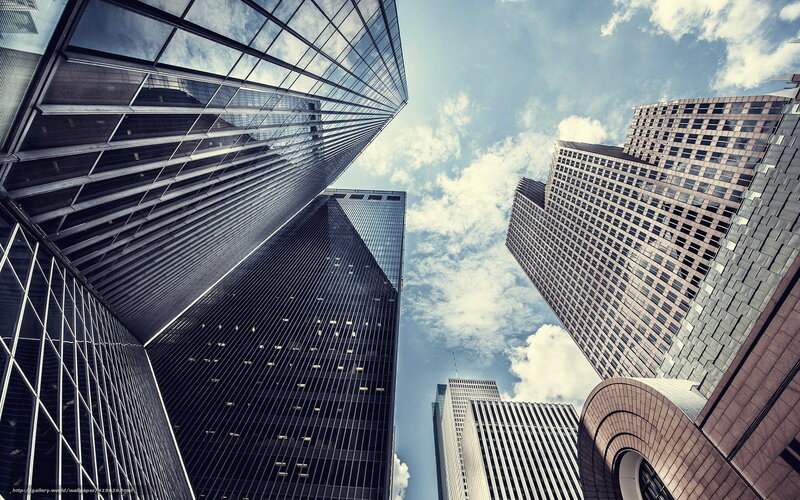 Skyscrapers in City — Blue, Dramatic, Afternoon, Photograph, Buildings, Sky, Clouds