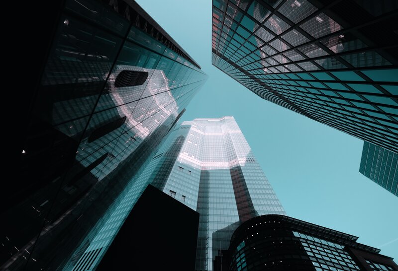 Skyscrapers in City — Blue, Dramatic, Afternoon, Photograph, Glass Facade