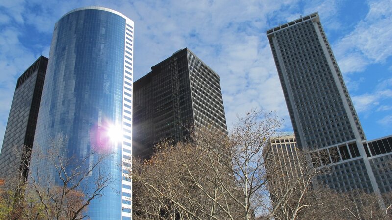Skyscrapers in City — Blue, Dramatic, Afternoon, Photograph, Trees