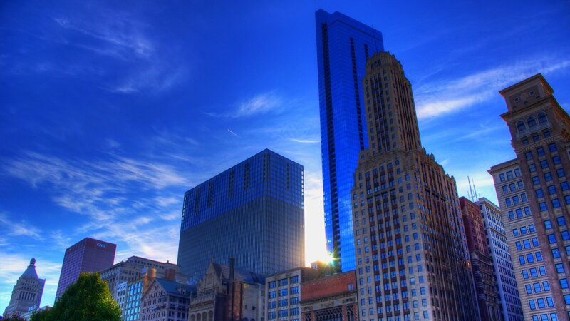 Skyscrapers in City — Blue, Dramatic, Sunset, Photograph, Buildings, Sky, Sun