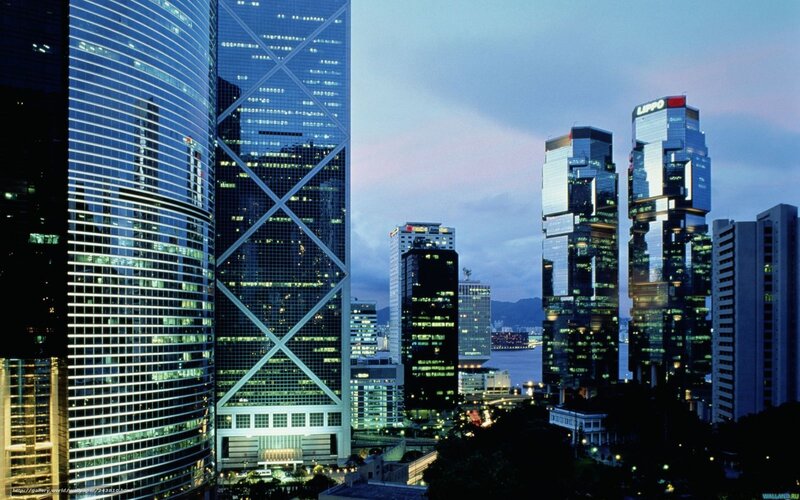Skyscrapers in City — Blue, Dramatic, Sunset, Photograph, Buildings, Sky