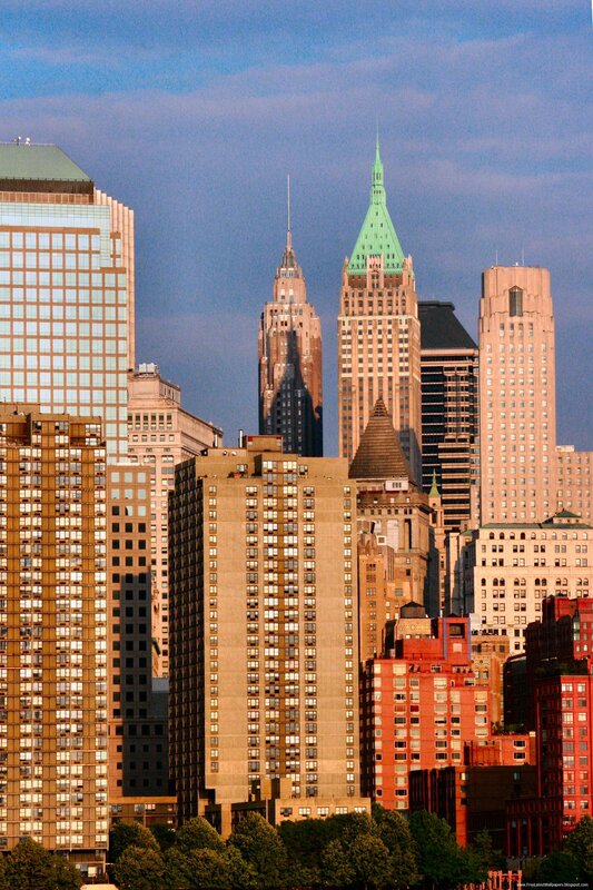 Skyscrapers in City — Blue, Dramatic, Sunset, Photograph, Buildings, Sky, Trees, Brown