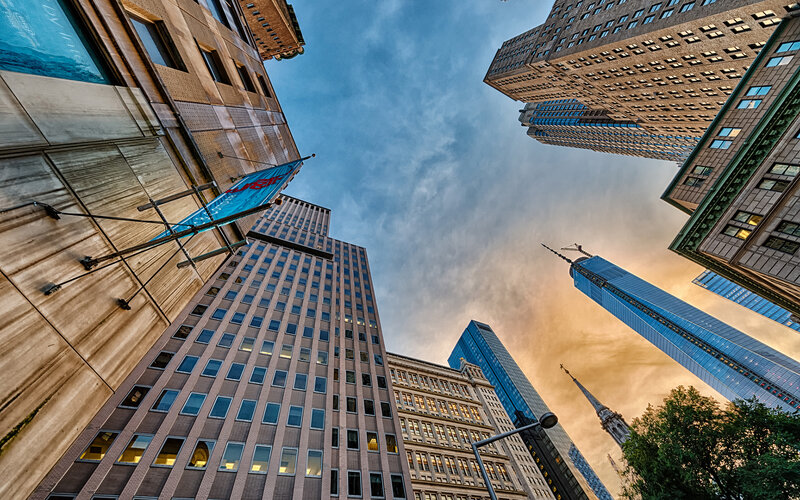 Skyscrapers in City — Blue, Dramatic, Sunset, Photograph, Sky