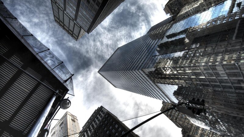 Skyscrapers in City — Gray, Dramatic, Afternoon, Photograph, Buildings