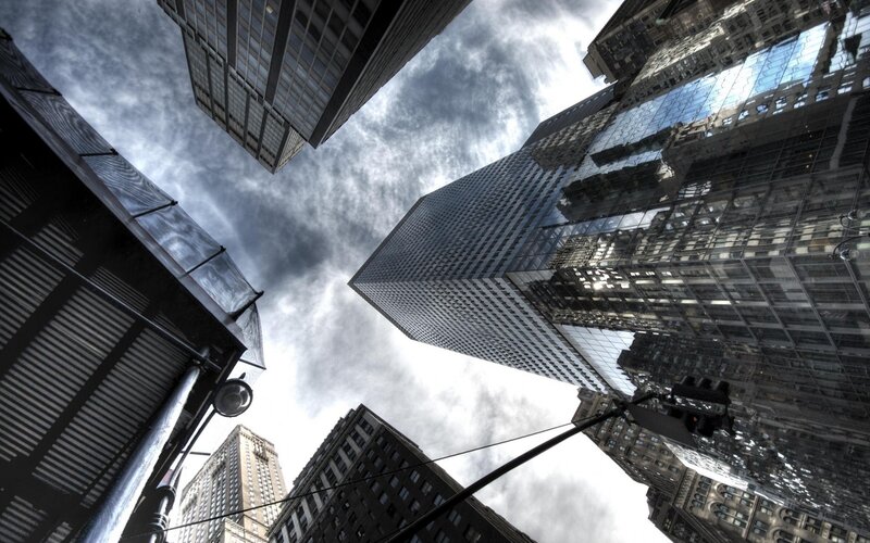 Skyscrapers in City — Gray, Dramatic, Afternoon, Photograph, Clouds, Street Light