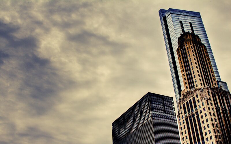 Skyscrapers in City — Gray, Dramatic, Photograph, Clouds