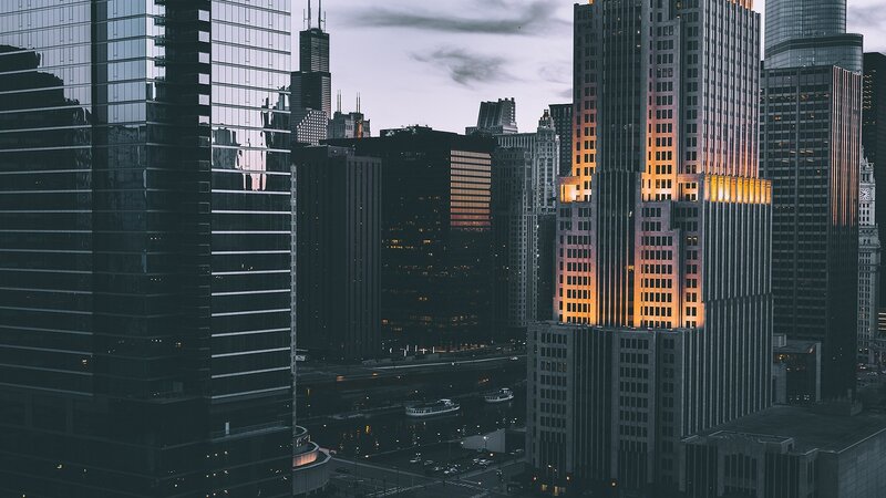Skyscrapers in City — Gray, Dramatic, Sunset, Photograph