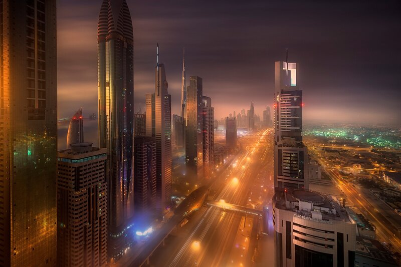 Skyscrapers in City — Orange, Dramatic, Night