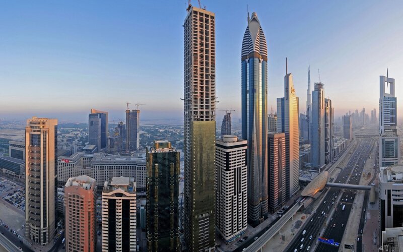 Skyscrapers in Dubai — Blue, Dramatic, Sunset, Photograph