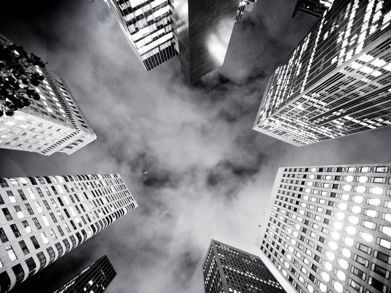 skyscrapers in fog