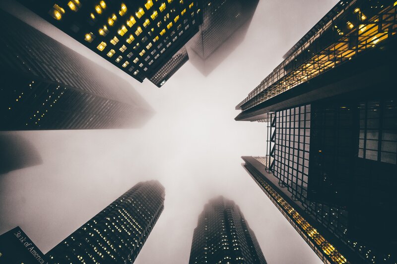 Skyscrapers in Fog — Black, Dramatic, Night