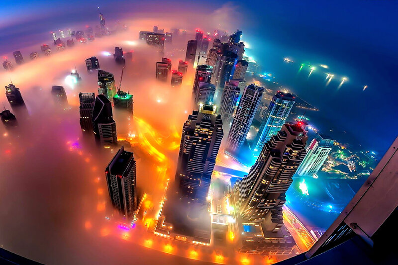 Skyscrapers in Fog — Blue, Dramatic, Night, Photograph, City Lights