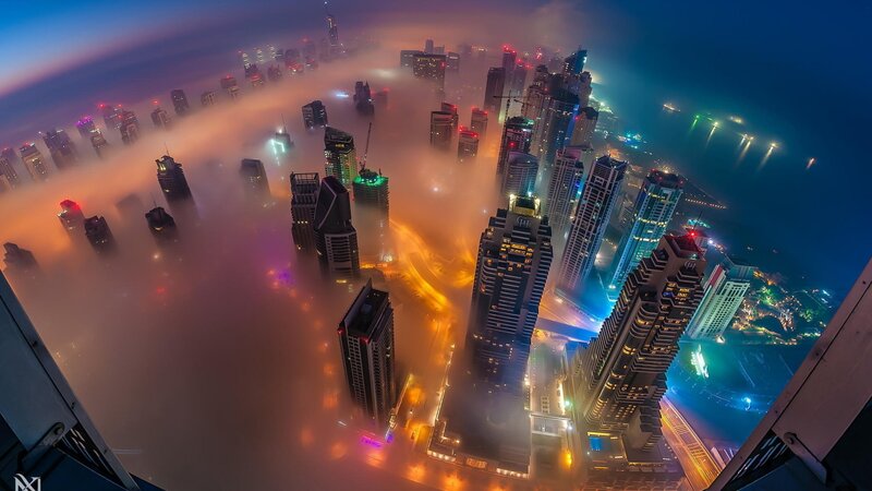 Skyscrapers in Fog — Blue, Dramatic, Night, Photograph