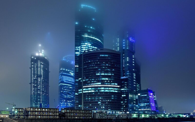 Skyscrapers in Fog — Blue, Dramatic, Night