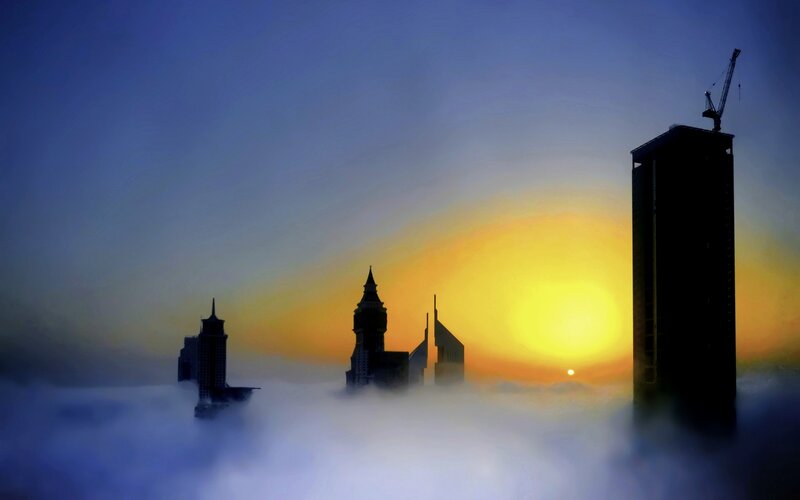 Skyscrapers in Fog — Blue, Dramatic, Sunrise