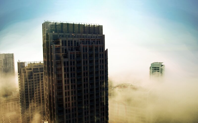 Skyscrapers in Fog — Blue, Misty