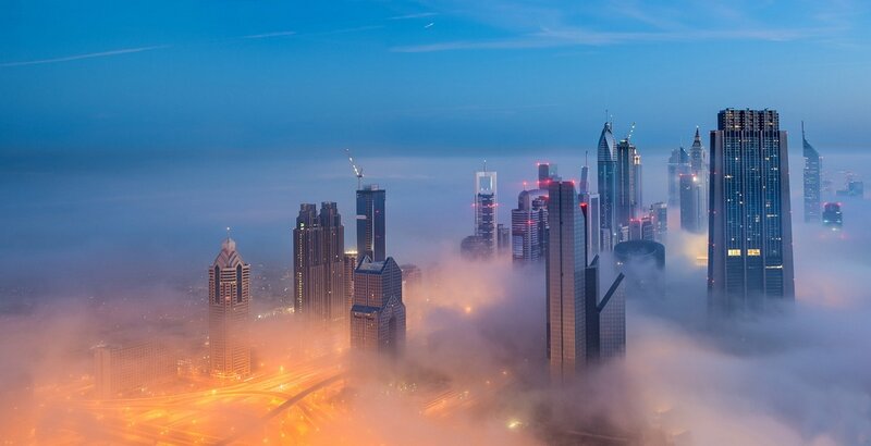 Skyscrapers in Fog — Blue, Serene, Morning, Photograph
