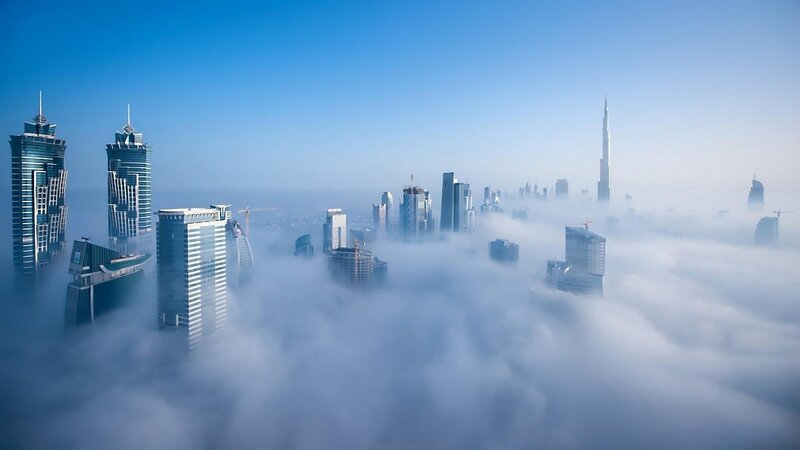 Skyscrapers in Fog — Blue, Serene